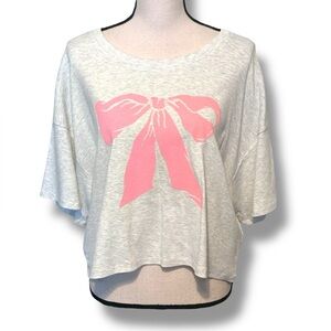 Bucket List Gray Boxy Crop Blouse with Pink Bow Detail Size Small
